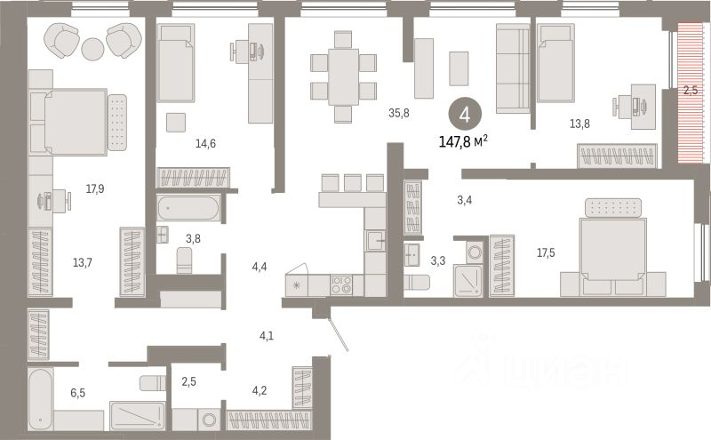4-комн.кв., 147,8 м², 2/15 этаж