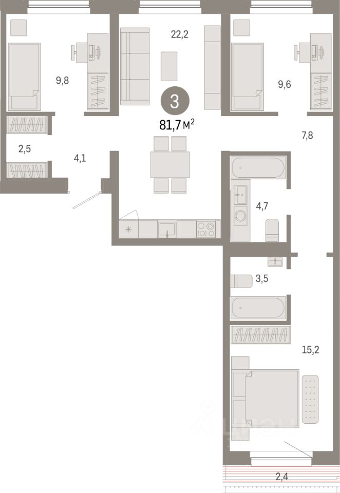 3-комн.кв., 81,7 м², 6/15 этаж