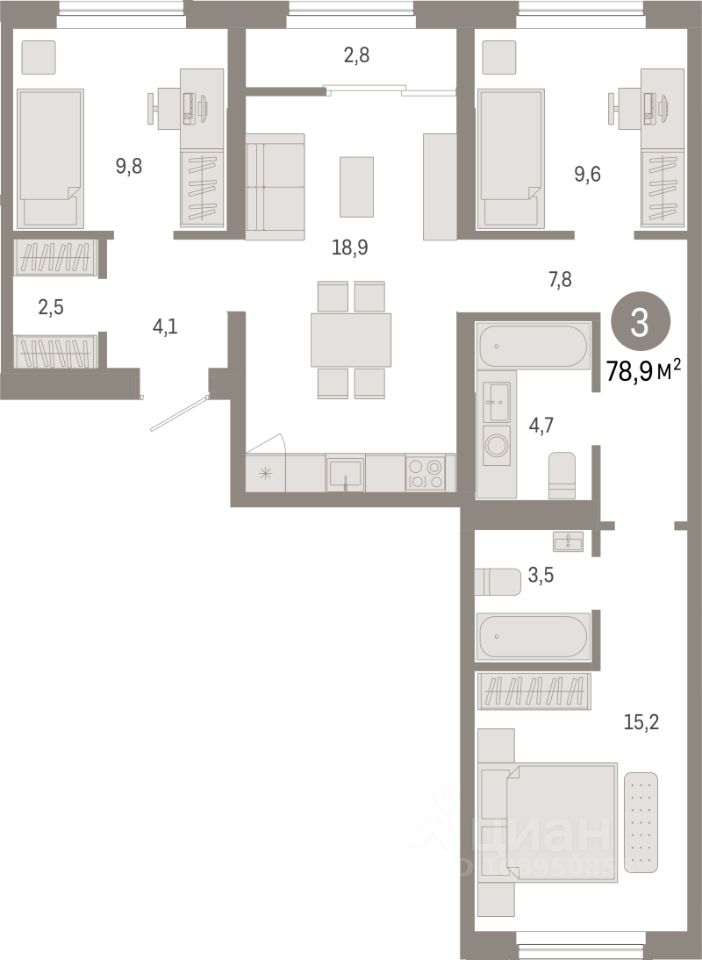 3-комн.кв., 78,9 м², 7/15 этаж