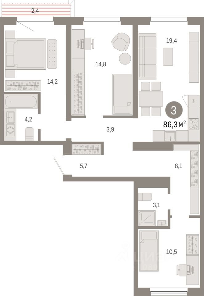 3-комн.кв., 86,3 м², 9/15 этаж