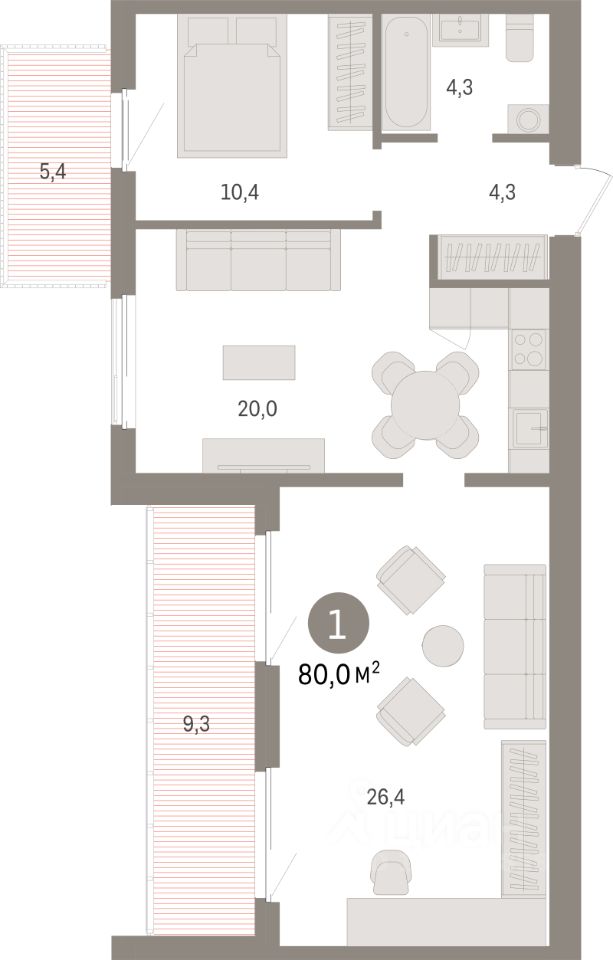 1-комн.кв., 80 м², 7/8 этаж