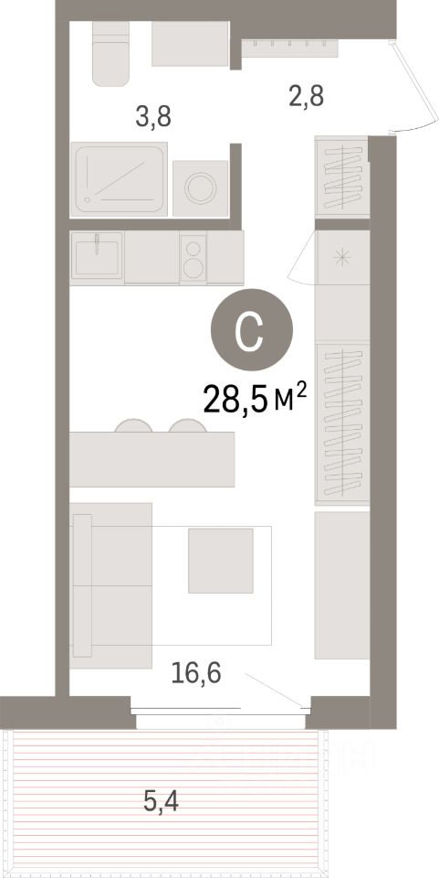 Студия, 28,5 м², 6/8 этаж