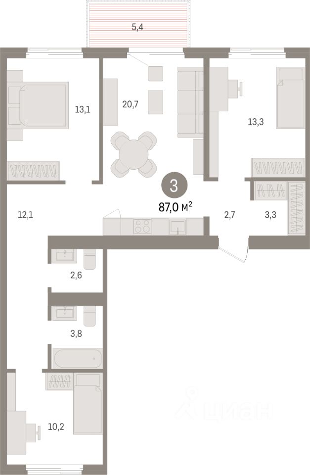 3-комн.кв., 87 м², 3/8 этаж