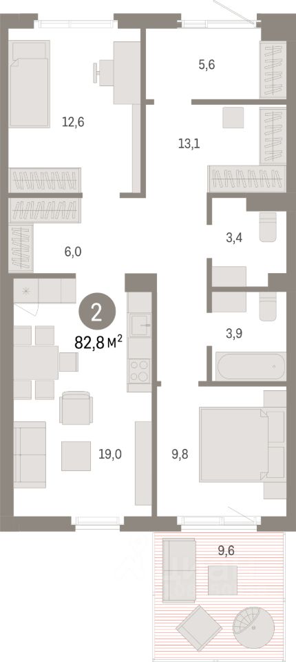 2-комн.кв., 82,8 м², 1/8 этаж
