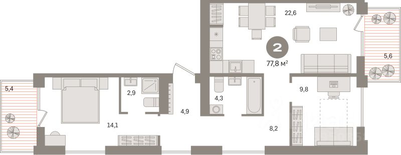 2-комн.кв., 77,8 м², 8/9 этаж
