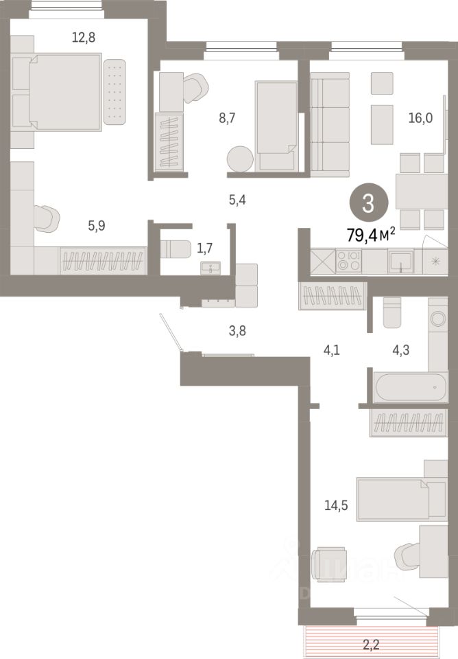 3-комн.кв., 79,4 м², 3/9 этаж