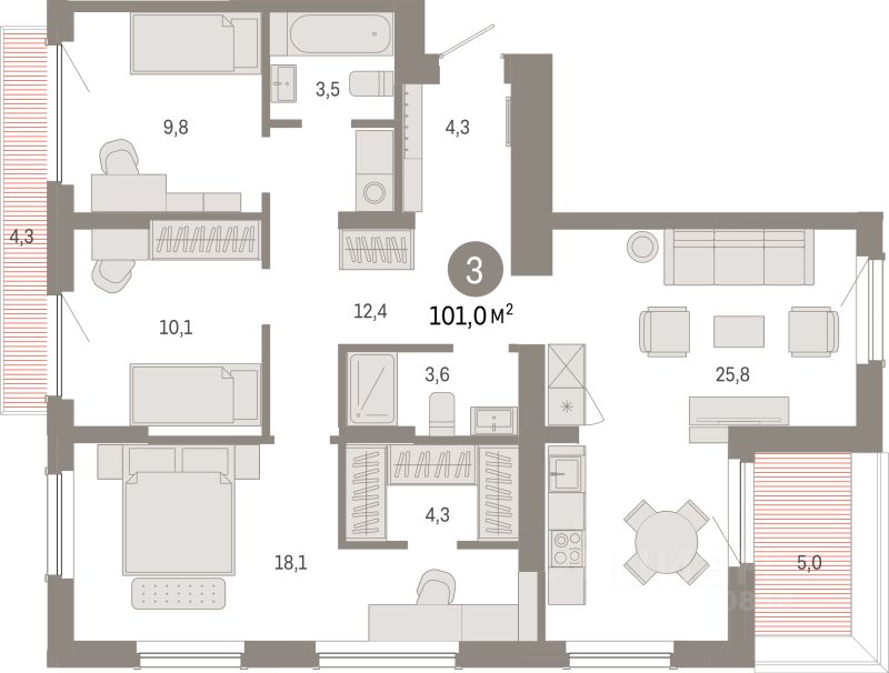 3-комн.кв., 101 м², 9/9 этаж