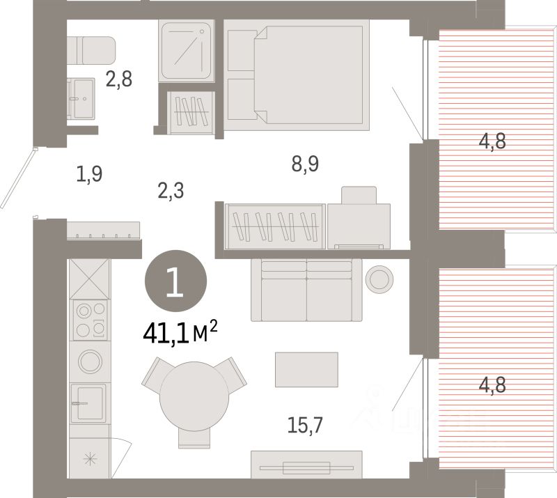 1-комн.кв., 41,1 м², 6/9 этаж