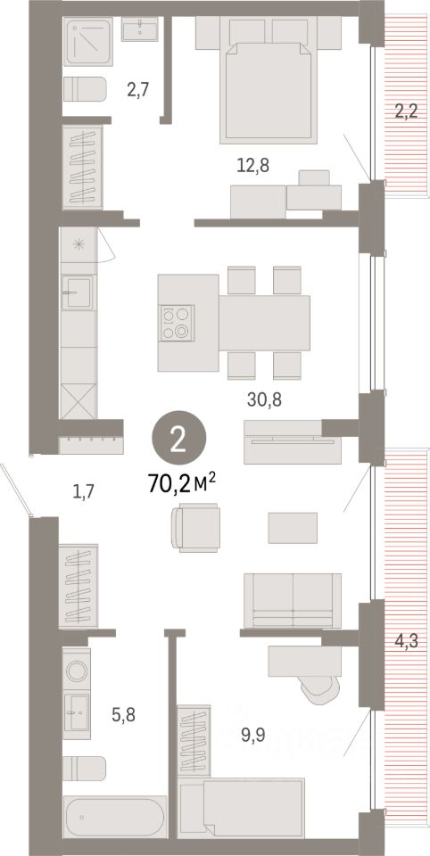 2-комн.кв., 70,2 м², 9/9 этаж