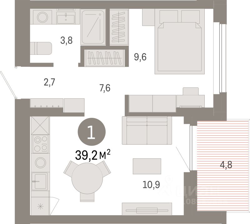 1-комн.кв., 39,2 м², 7/9 этаж