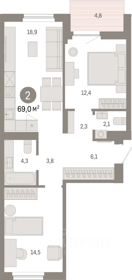 2-комн.кв., 69 м², 7/9 этаж