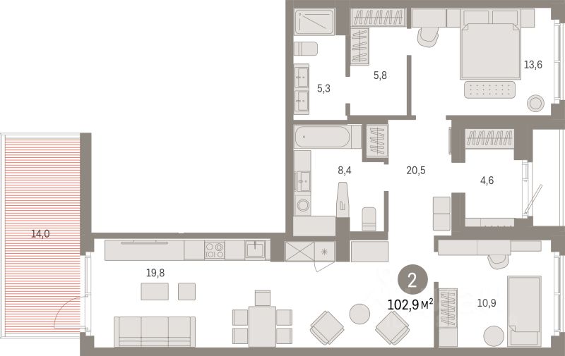 2-комн.кв., 102,9 м², 1/9 этаж