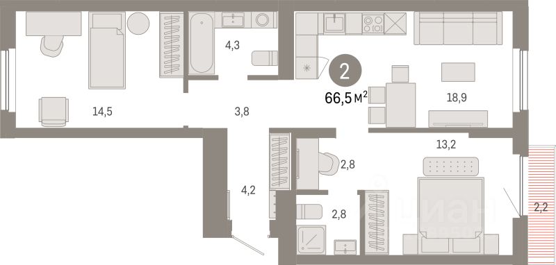 2-комн.кв., 66,5 м², 3/9 этаж