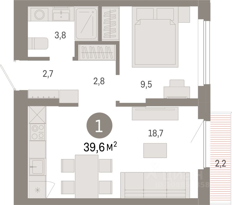 1-комн.кв., 39,6 м², 2/9 этаж