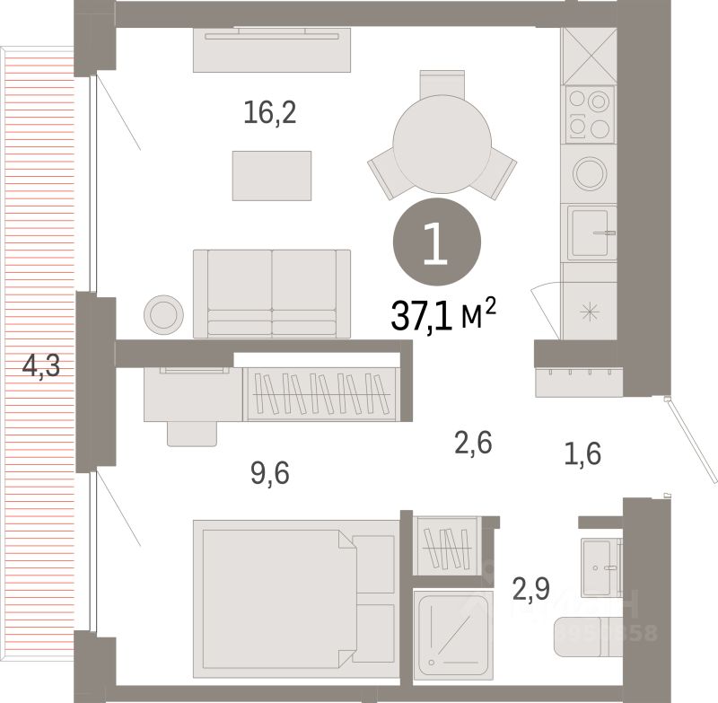 1-комн.кв., 37,1 м², 4/9 этаж