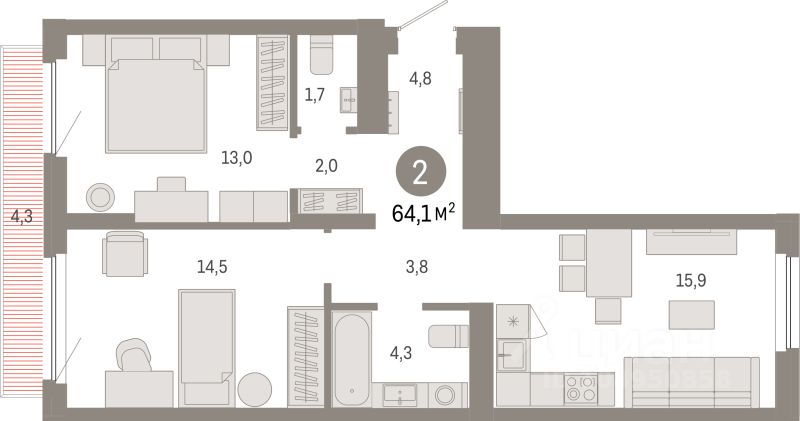 2-комн.кв., 64,1 м², 3/9 этаж