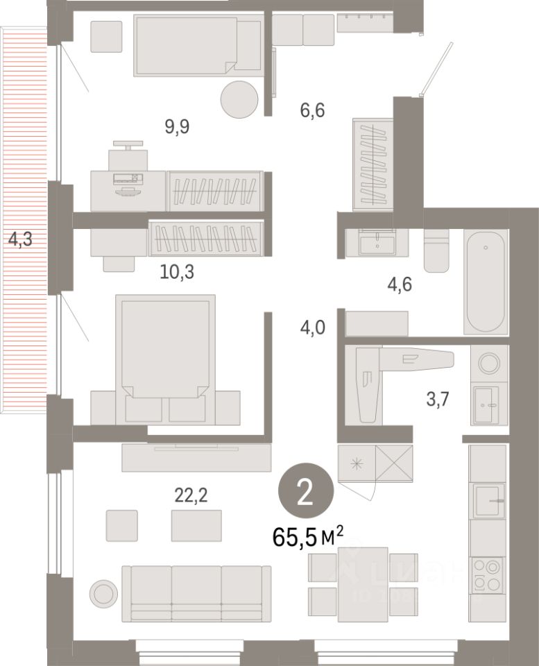 2-комн.кв., 65,5 м², 7/9 этаж