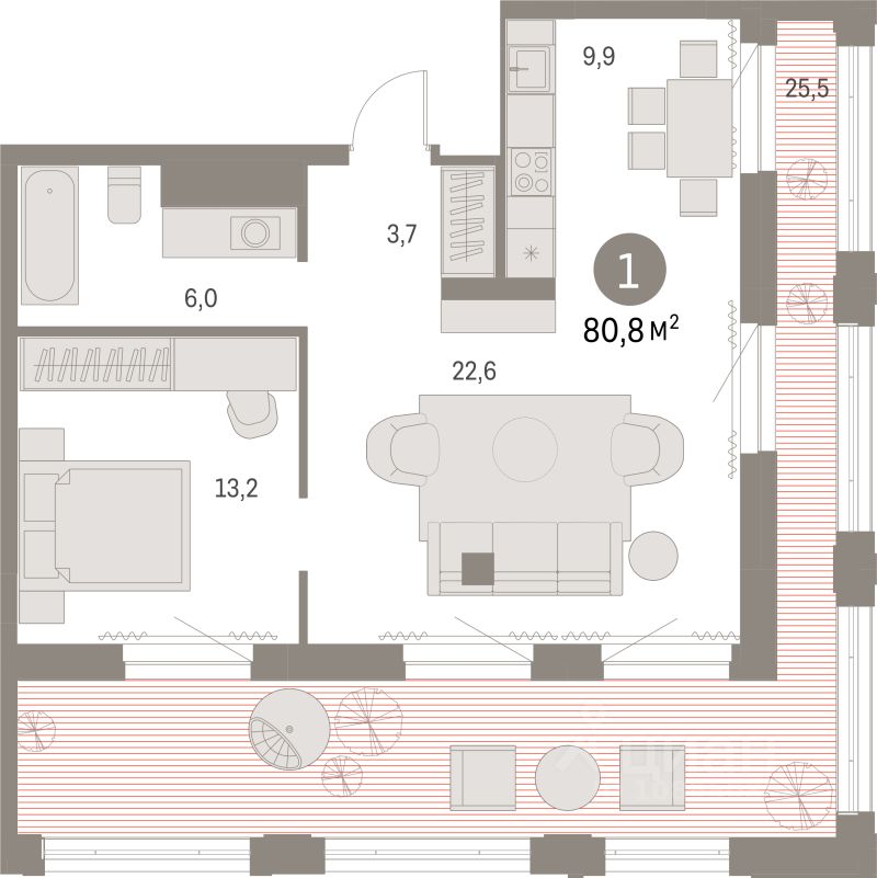 1-комн.кв., 80,8 м², 27/30 этаж