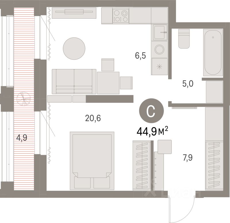 Студия, 44,9 м², 27/30 этаж