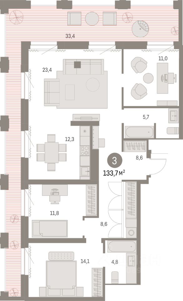 2-комн.кв., 132,4 м², 29/30 этаж