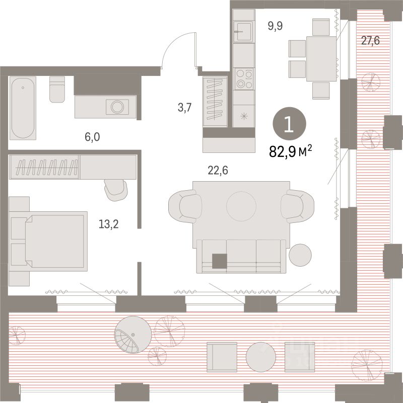 1-комн.кв., 82,9 м², 29/30 этаж