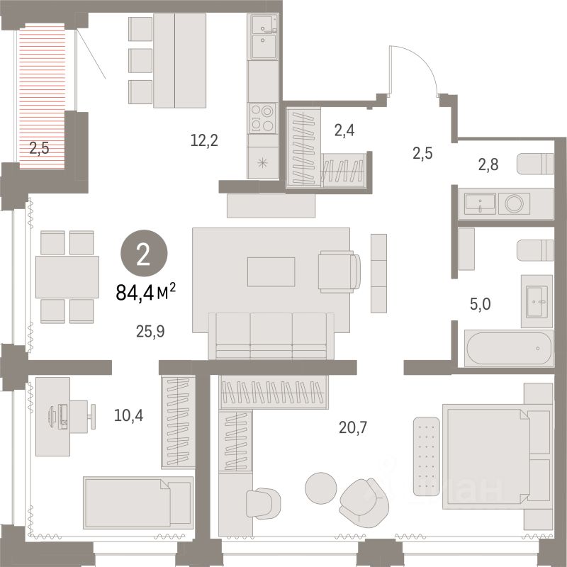 2-комн.кв., 84,1 м², 26/30 этаж