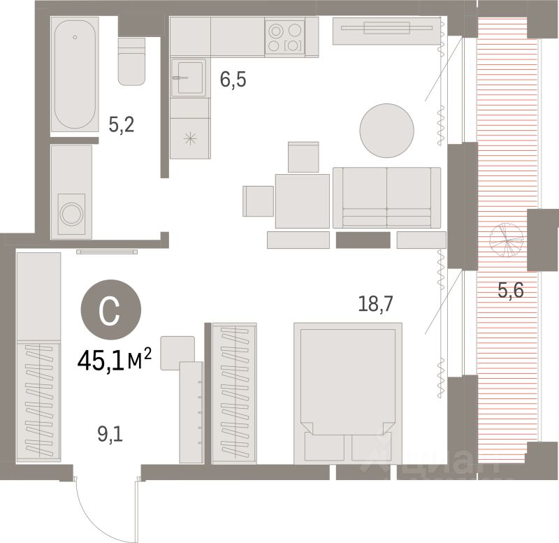 Студия, 45,1 м², 29/30 этаж