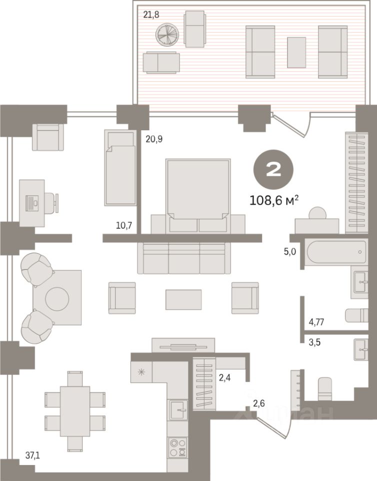 2-комн.кв., 108,6 м², 3/30 этаж