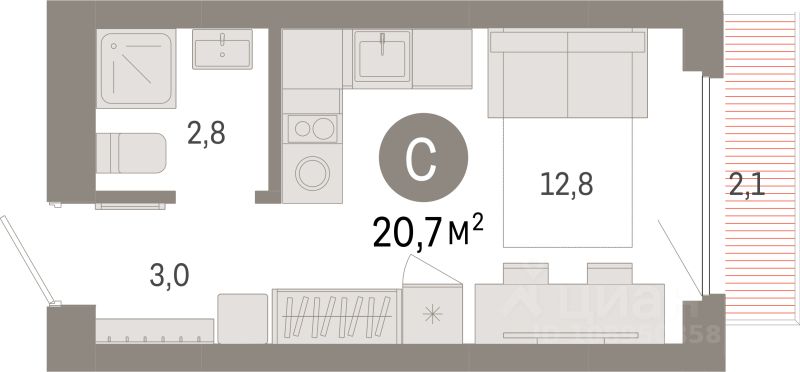 Студия, 20,7 м², 5/12 этаж