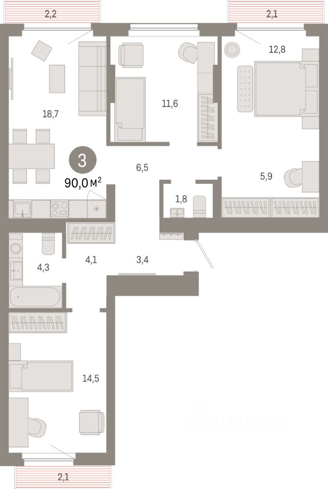 3-комн.кв., 90 м², 6/12 этаж