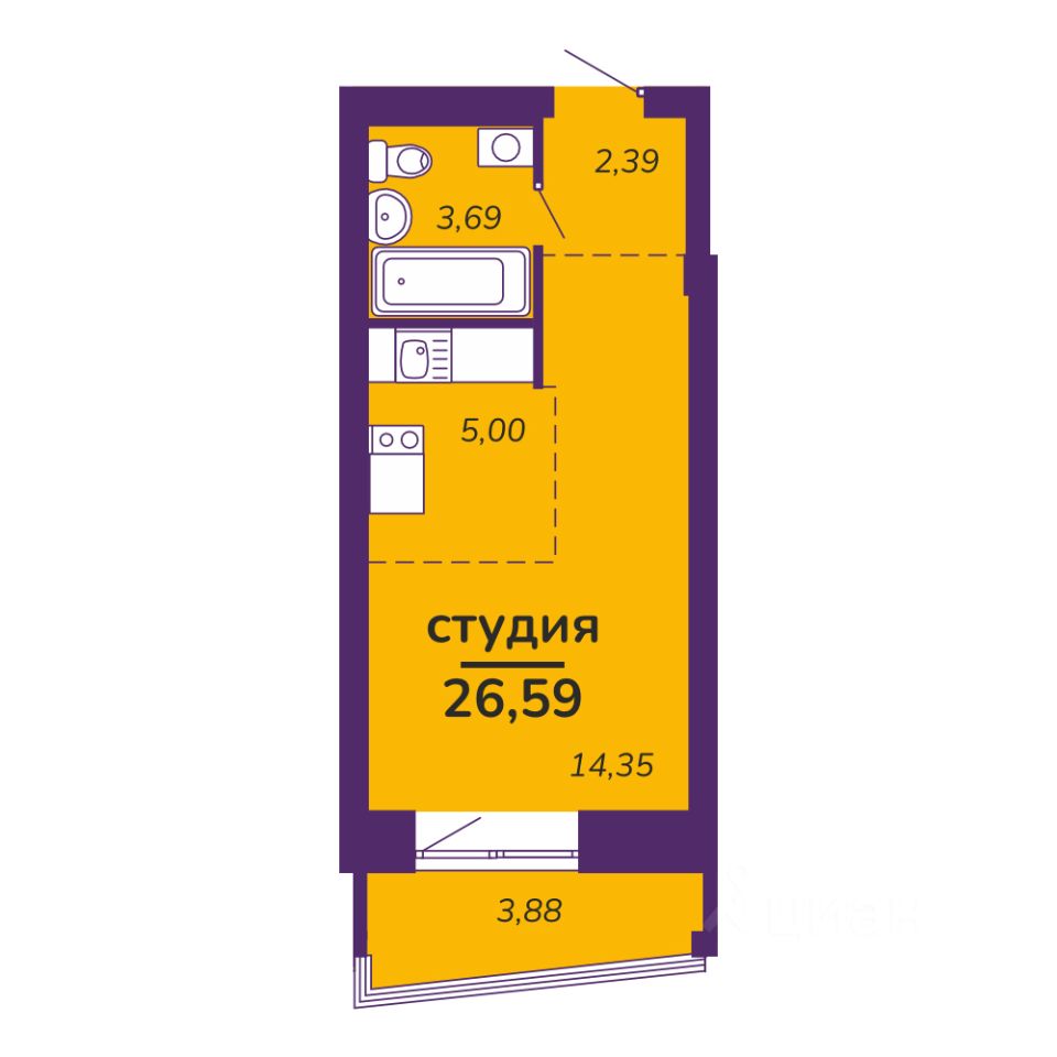 Студия, 26,6 м², 1/9 этаж