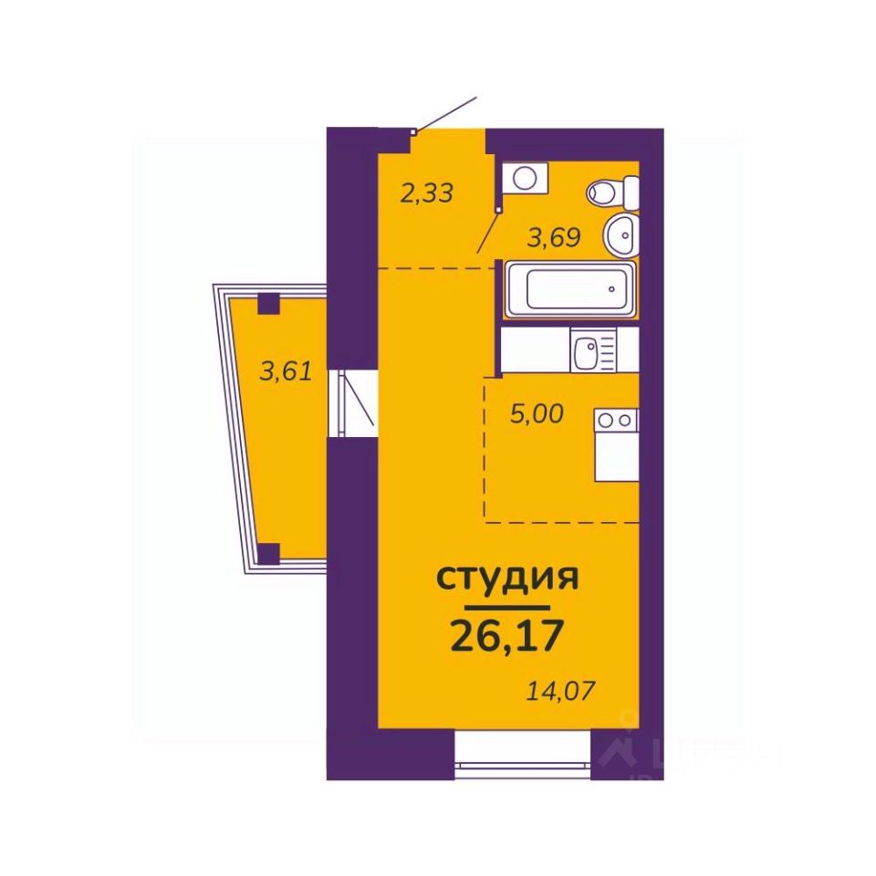 Студия, 26,2 м², 1/9 этаж