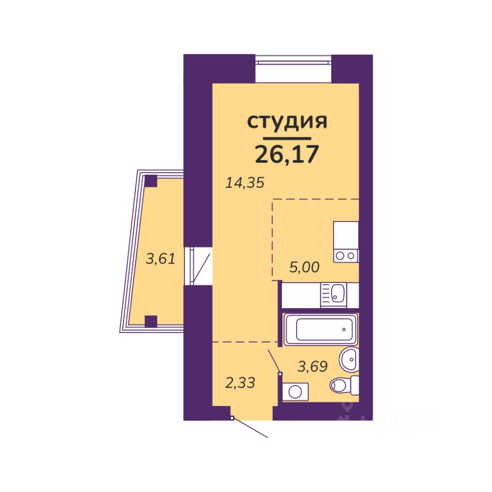 Студия, 26,2 м², 2/9 этаж