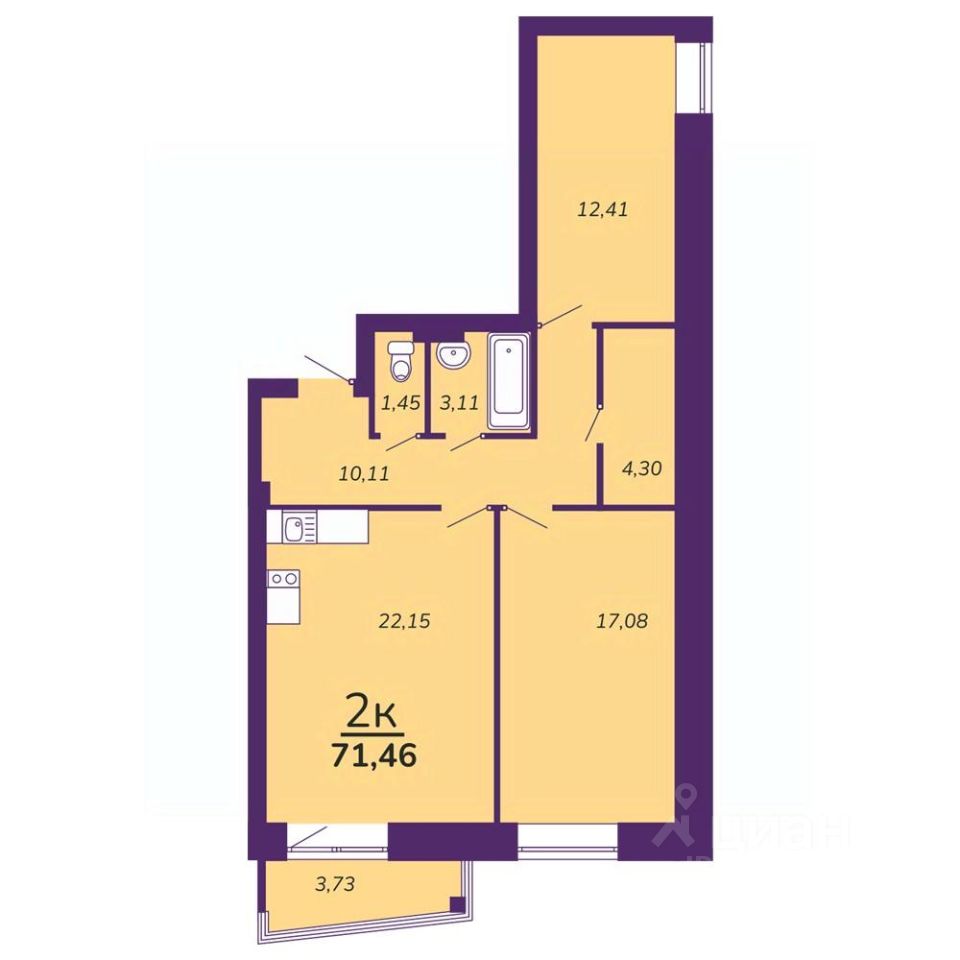 2-комн.кв., 71,5 м², 6/9 этаж