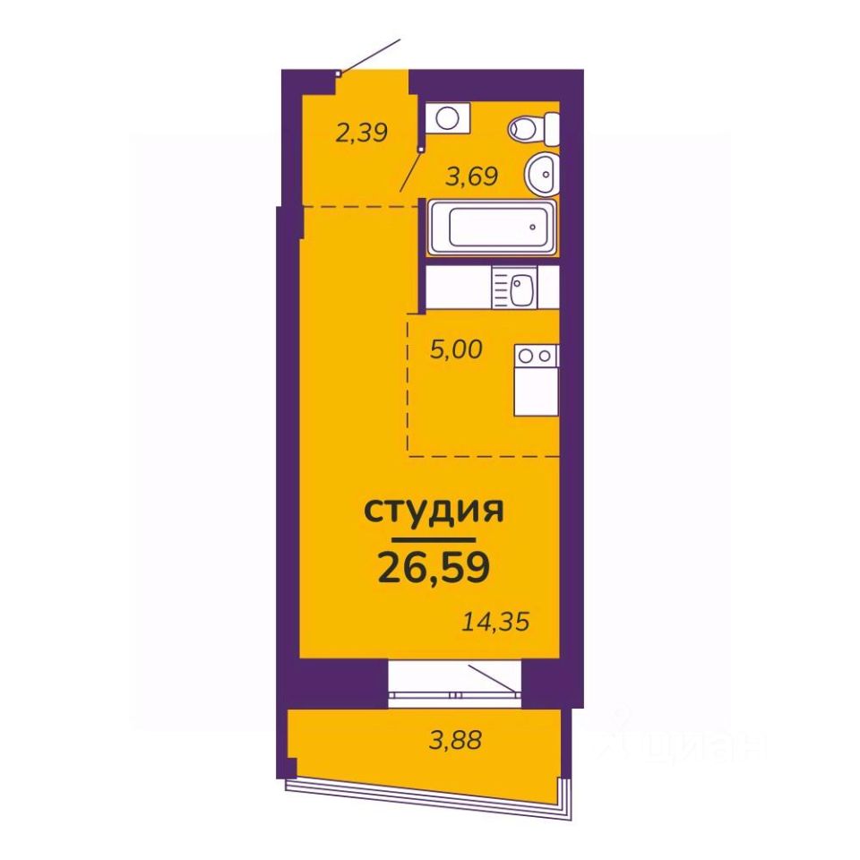 Студия, 26,6 м², 7/9 этаж