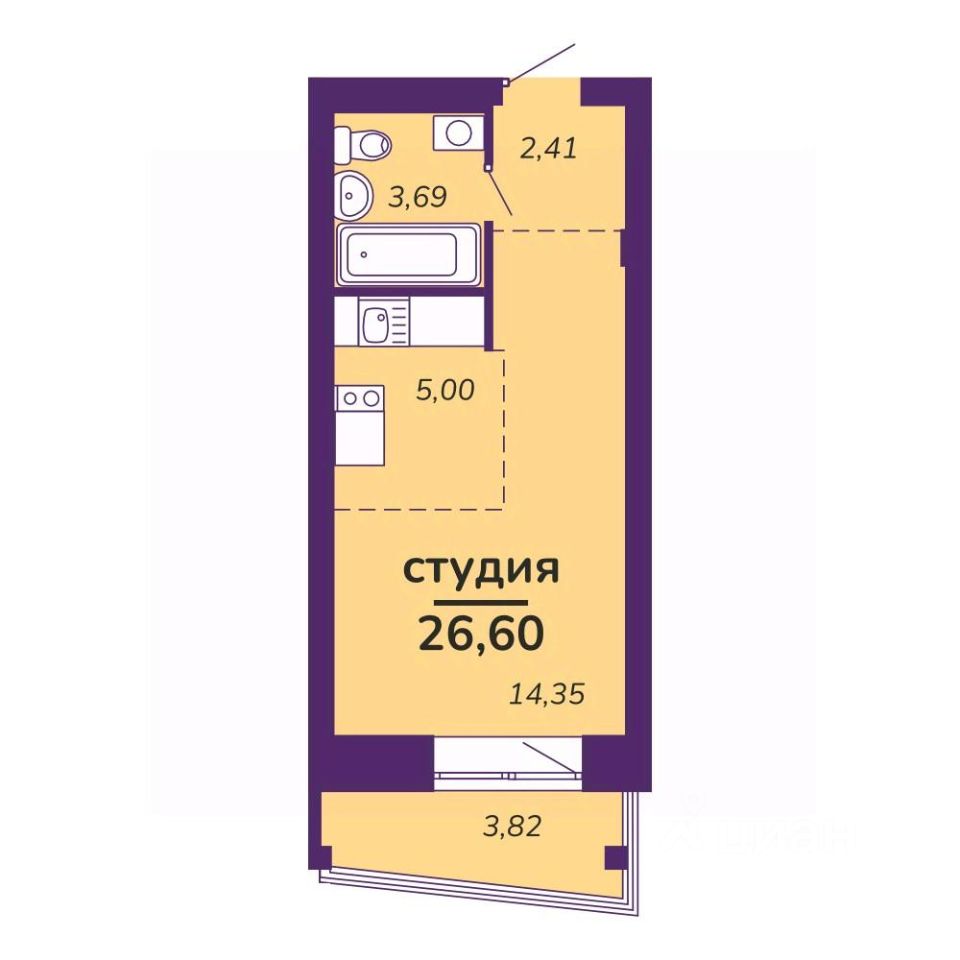 Студия, 26,6 м², 2/9 этаж