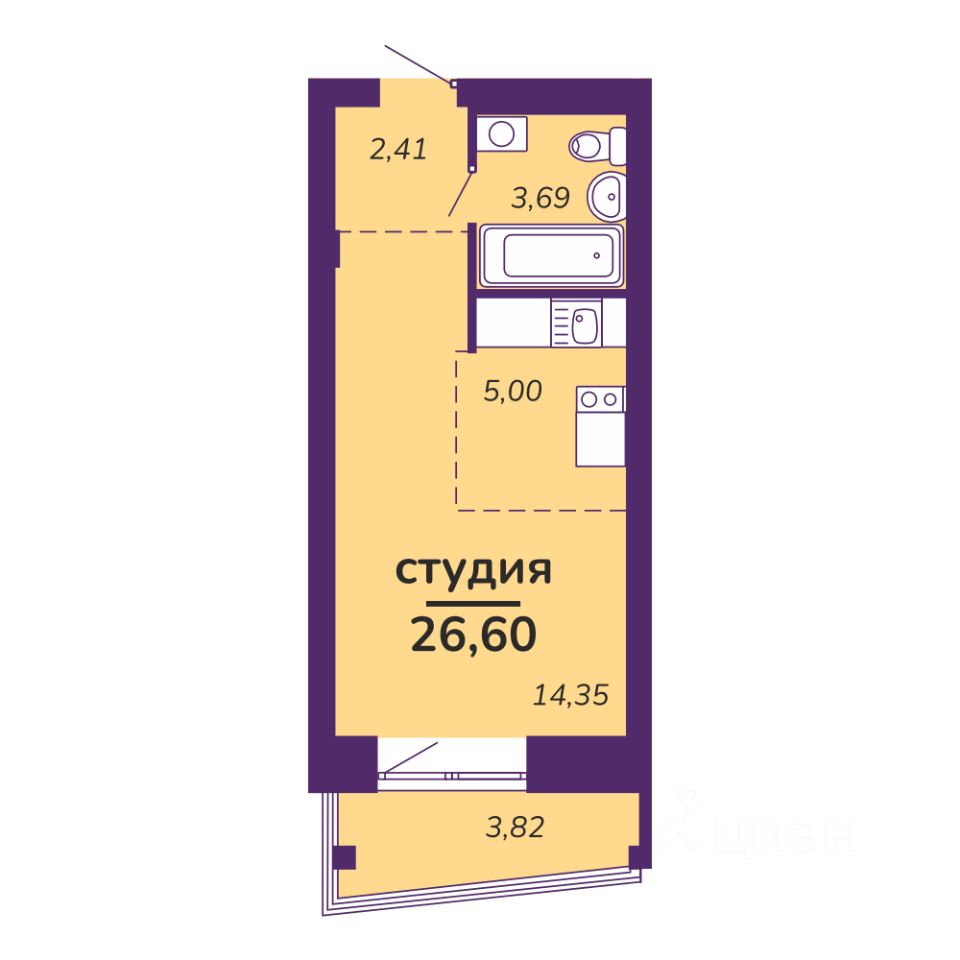 Студия, 26,6 м², 6/9 этаж