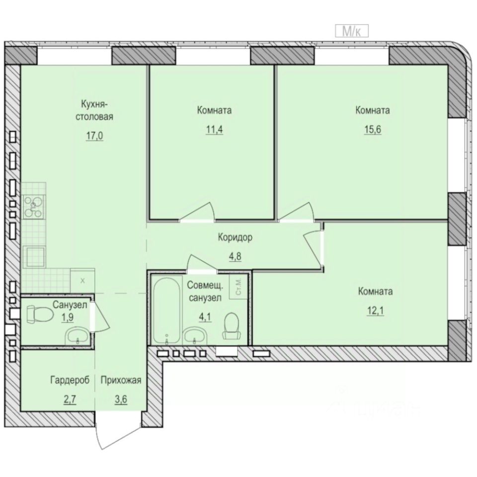 3-комн.кв., 73,2 м², 1/5 этаж