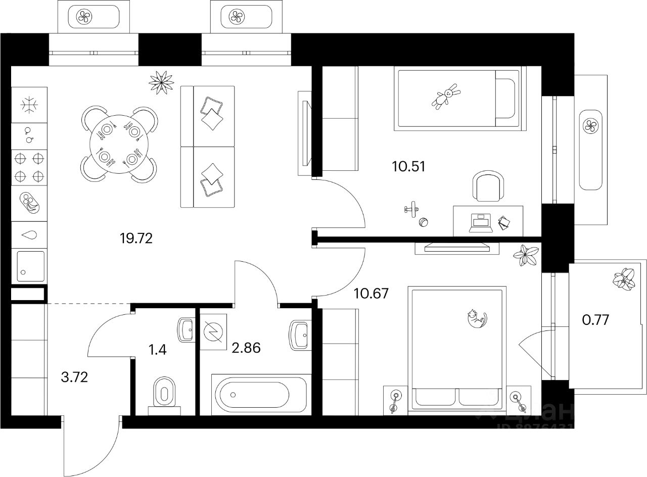 2-комн.кв., 49,6 м², 5/9 этаж