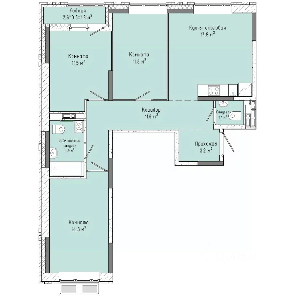 3-комн.кв., 78,1 м², 14/16 этаж