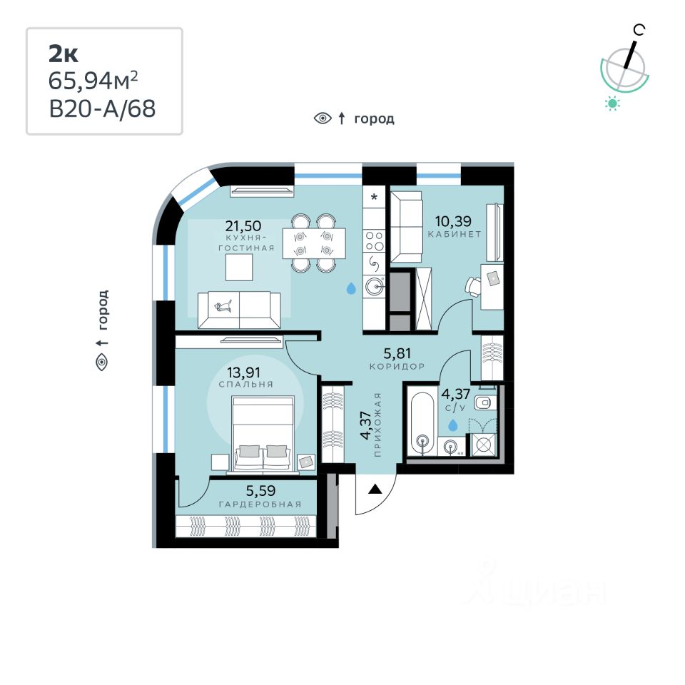 2-комн.кв., 65,9 м², 1/13 этаж