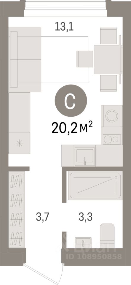 Студия, 20,2 м², 4/6 этаж