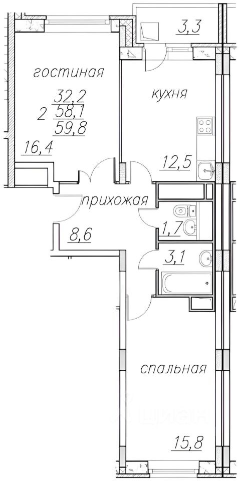 Планировка этой квартиры по данным Циан