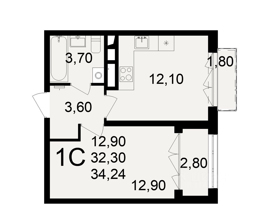 1-комн.кв., 32,3 м², 18/18 этаж