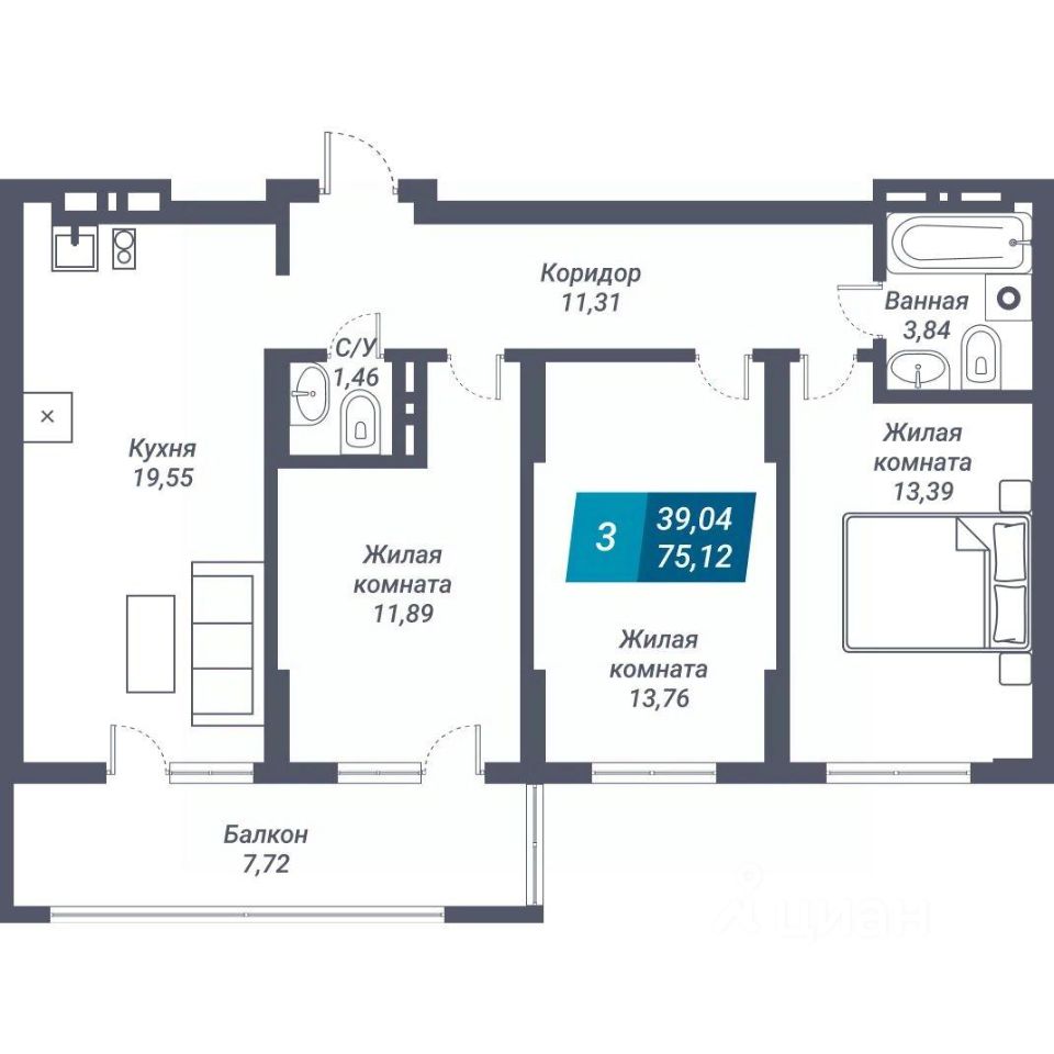 3-комн.кв., 75,1 м², 4/25 этаж