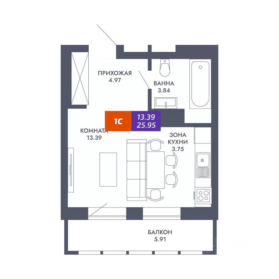 1-комн.кв., 25,9 м², 4/25 этаж