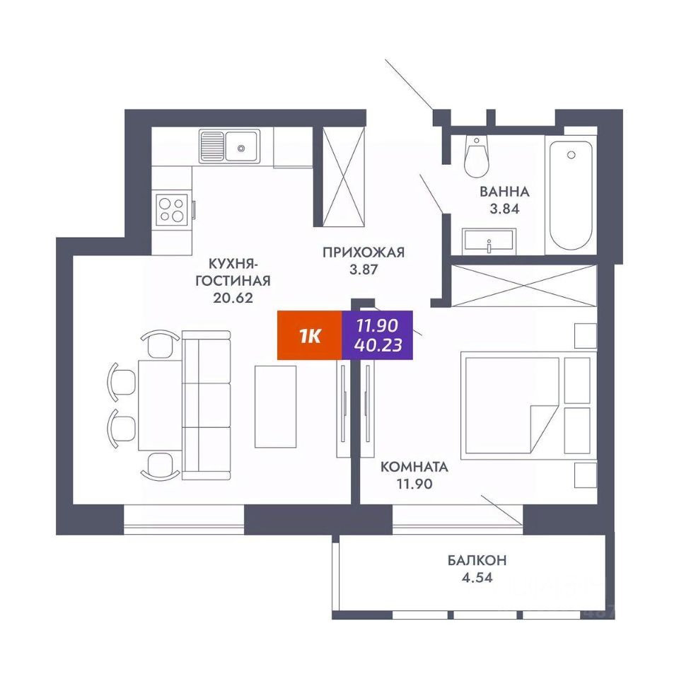 1-комн.кв., 40,2 м², 24/25 этаж