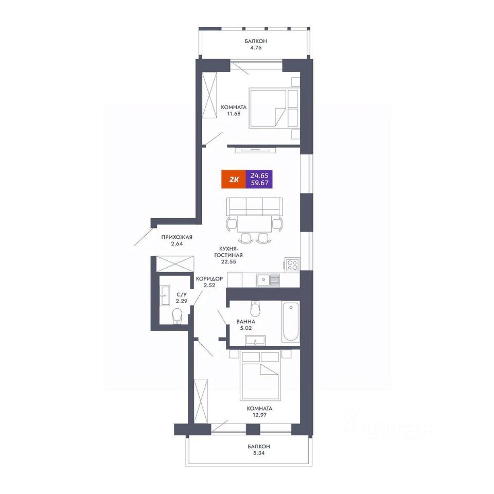 2-комн.кв., 59,7 м², 8/25 этаж