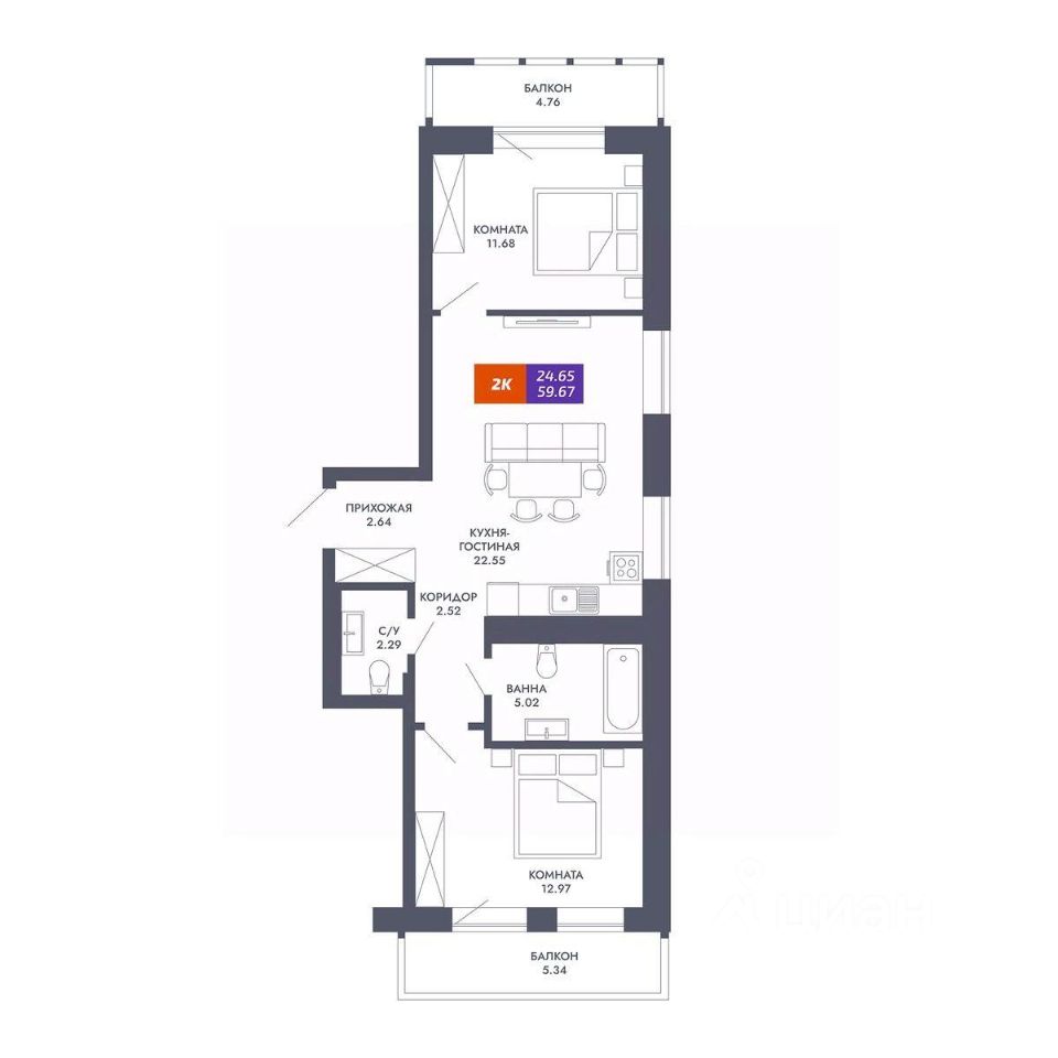 2-комн.кв., 59,7 м², 20/25 этаж