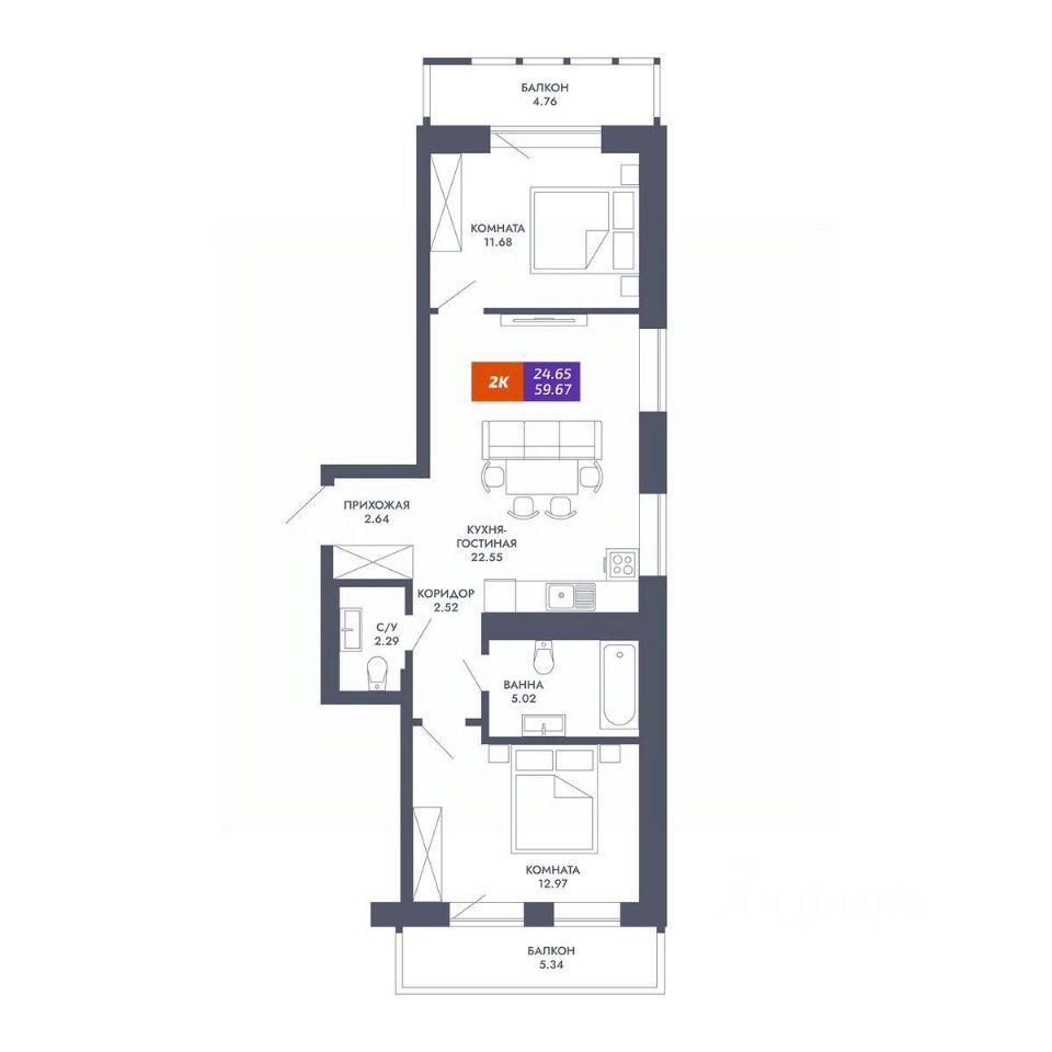 2-комн.кв., 59,7 м², 24/25 этаж